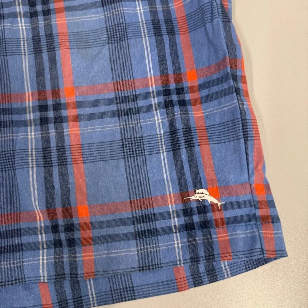 Tommy Bahama‎ Plaid Performance Shorts Mens 40 Blue Orange Stretch Marlin Logo